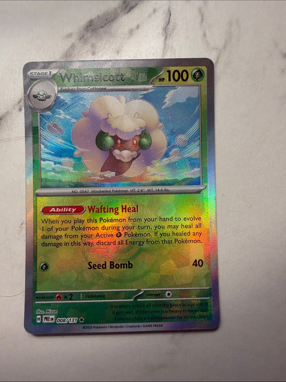 Pokemon whimsicott Holographic Card rare poke ball. Prismatic evolutions Pokemon